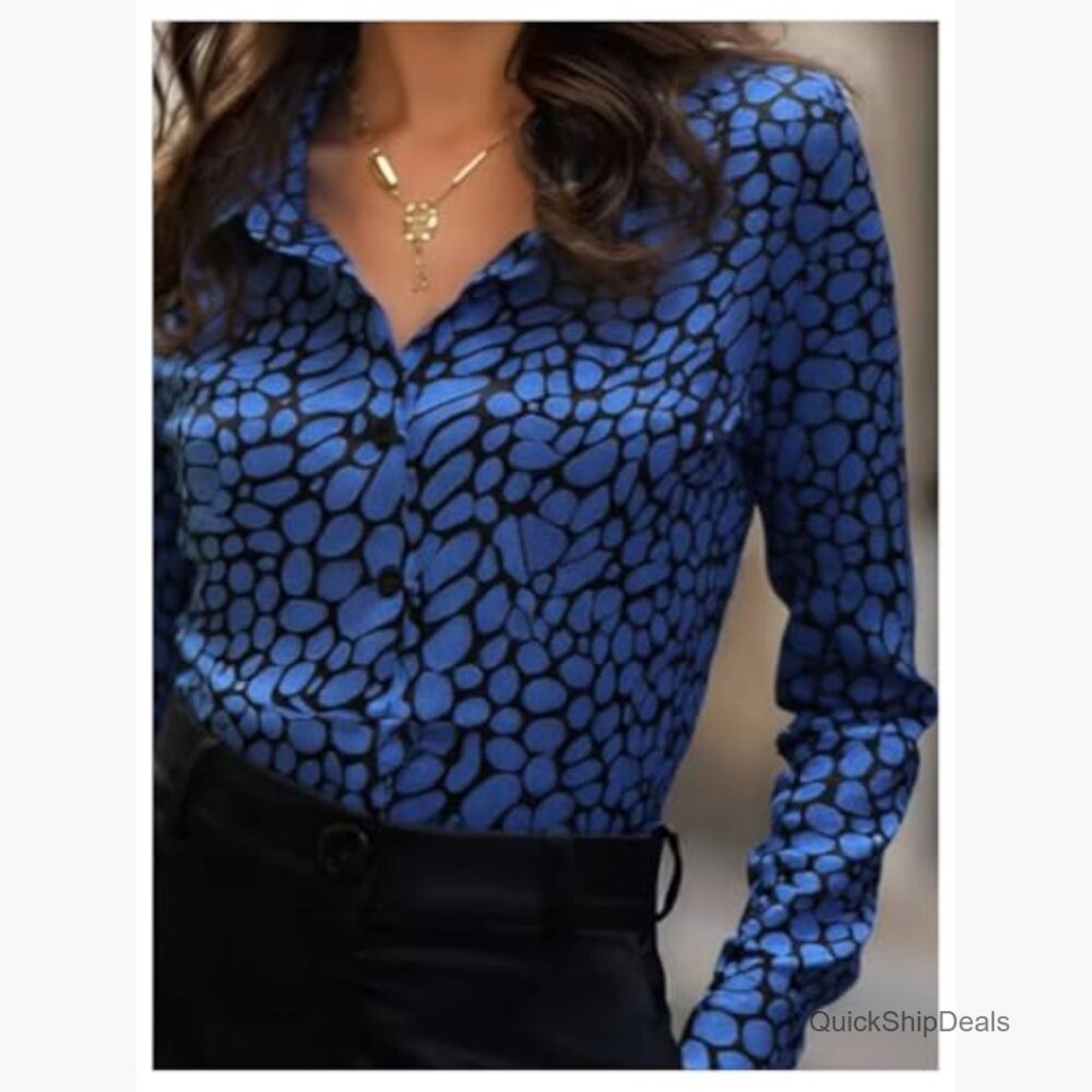 Satin Printed Button Down Blouse Long Sleeve Silk… - image 4